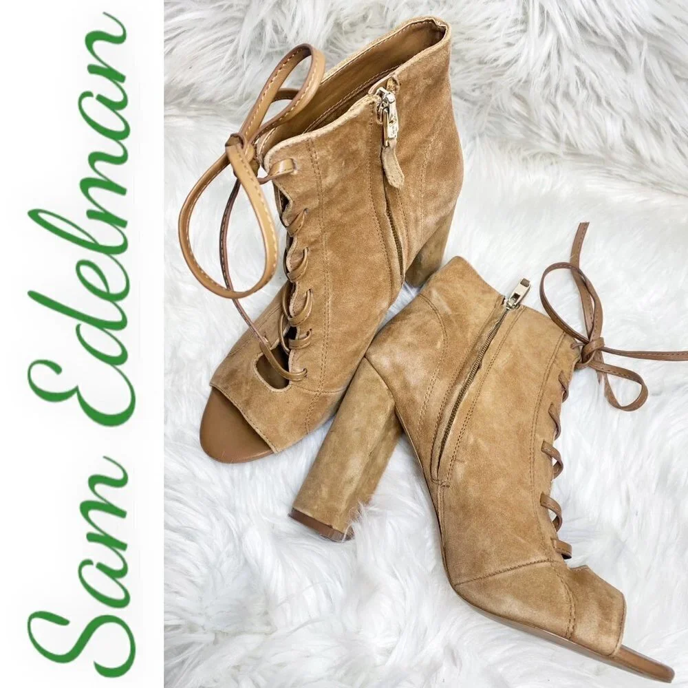 SAM EDELMAN YVIE Suede Open‎ Toe Lace Up Ankle Boot Saddle Brown, Size 8